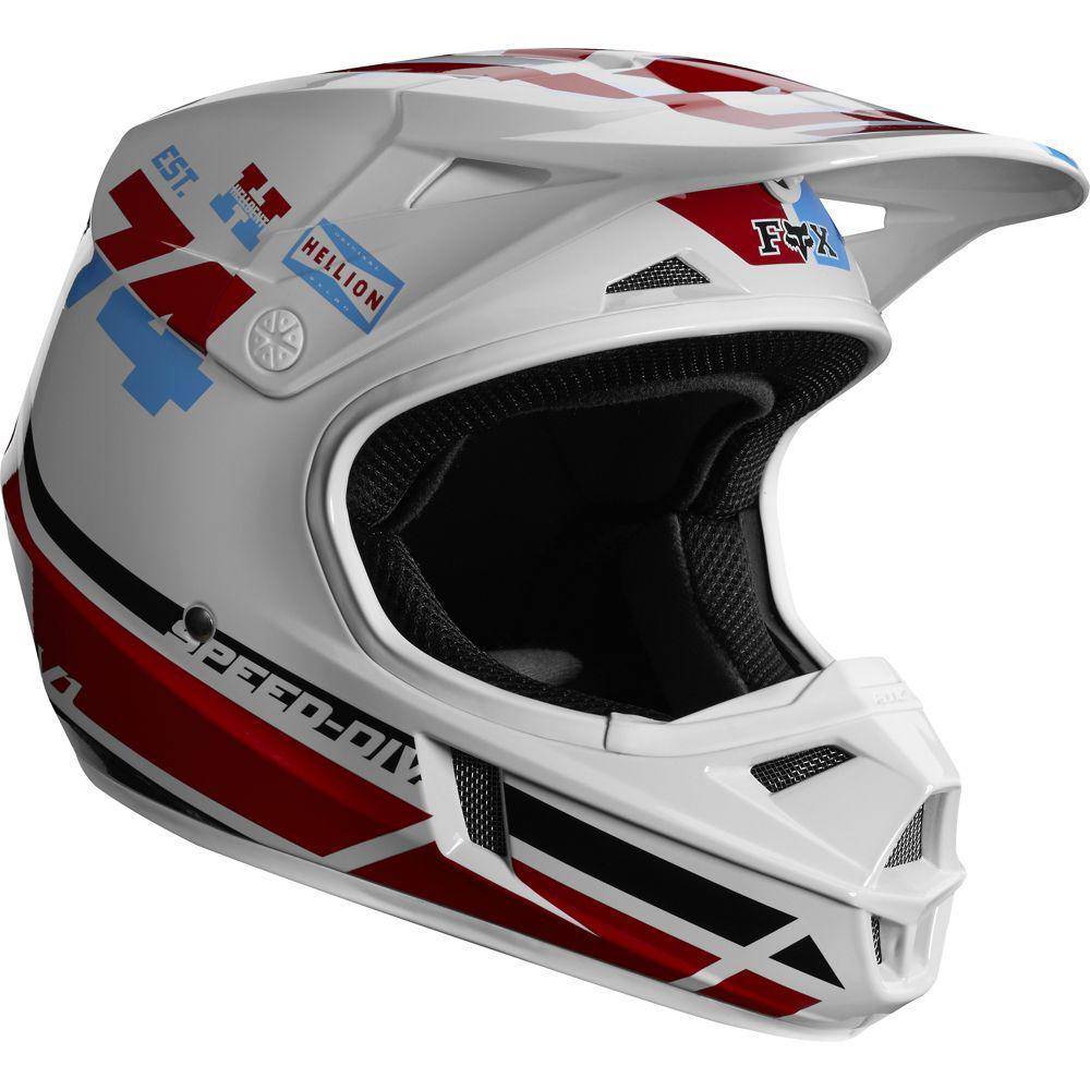 Casco Moto V1 RWT Blanco Rojo Azul Fox Racing.