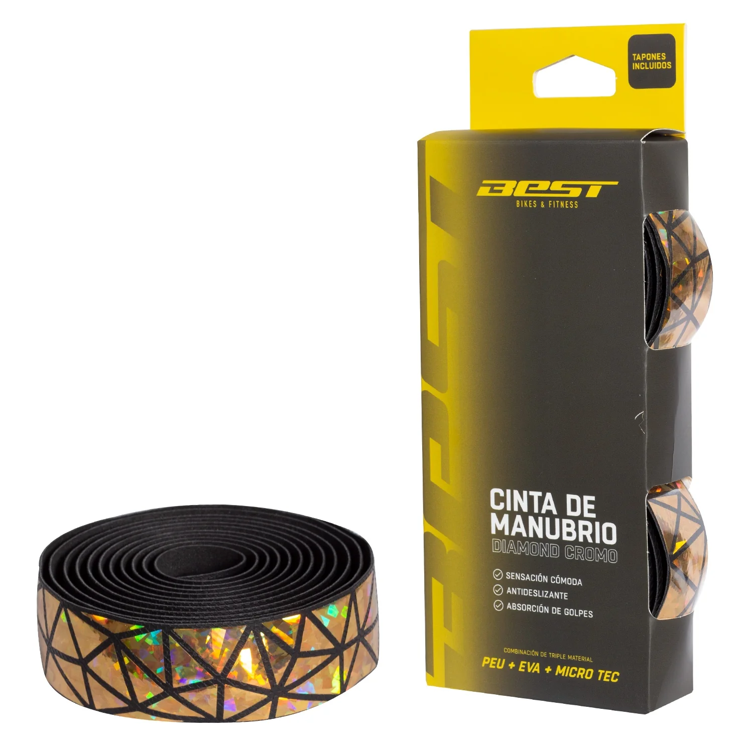 Cinta Manubrio Best Peu + Eva + Micro Tec Base Negra Diamond Cromo Dorado