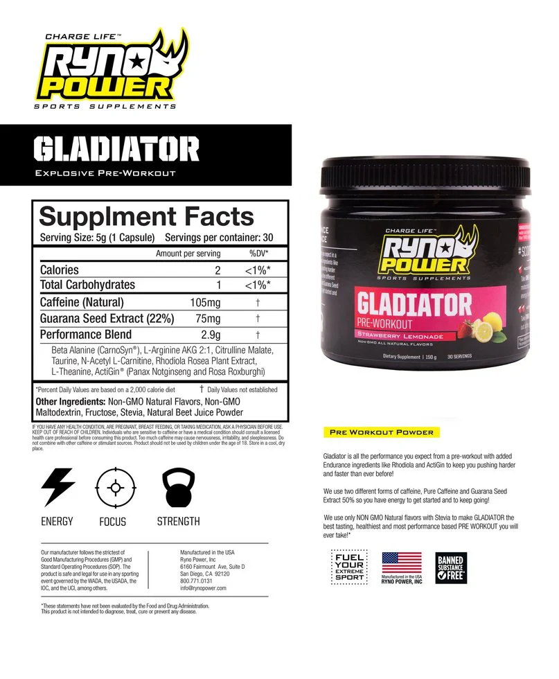Gladiator Pre Workout (30 Serv) Ryno Power - Image 6